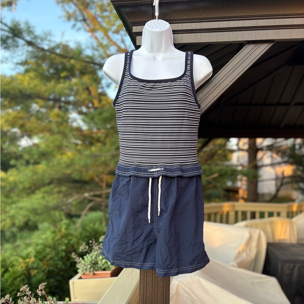 SOUTH POINT/JANSEN Striped Navy Blue Tank Top Bathing Suit, Size: 16
